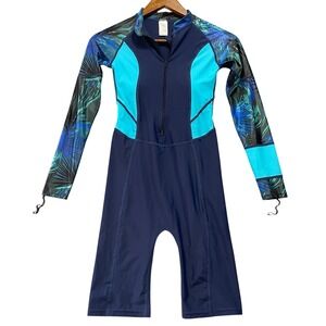 SBART Womens Rash Guard Swimsuit S Navy Blue Tropical Long Sleeve One Piece Surf